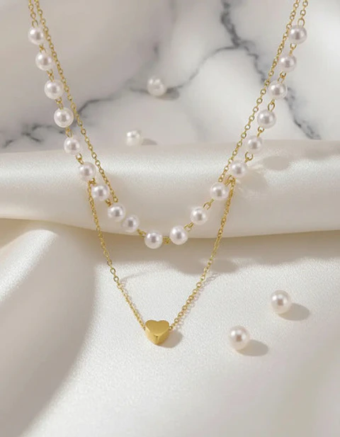 Collar Para Mujeres Dije Corazón Y Perlas Doble Cadena Acero