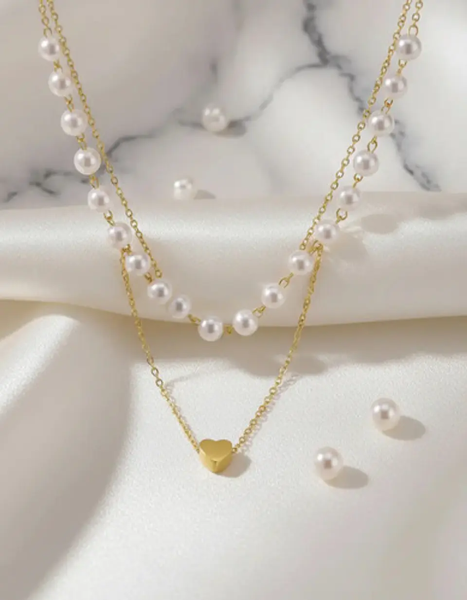 Collar Para Mujeres Dije Corazón Y Perlas Doble Cadena Acero 2