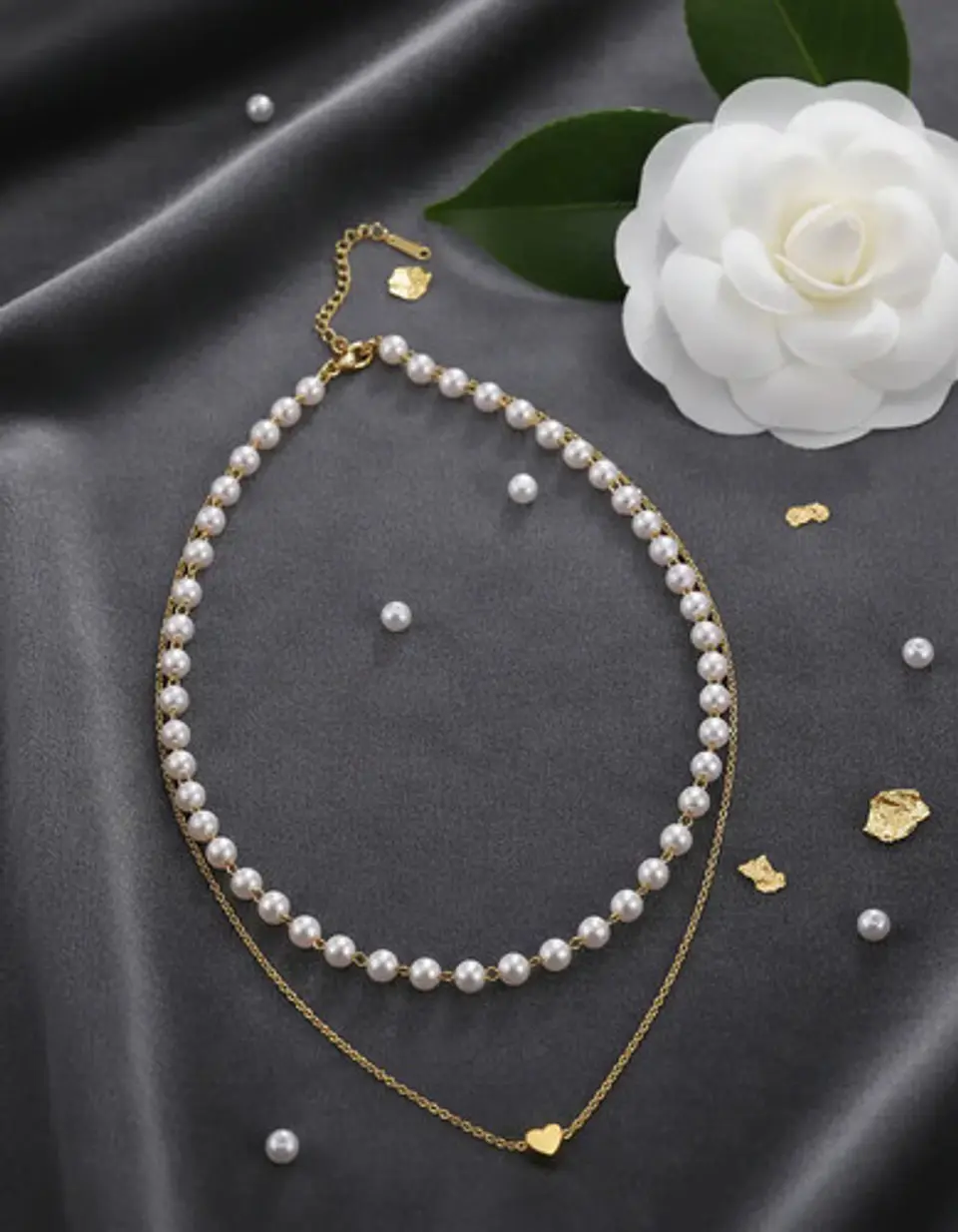 Collar Para Mujeres Dije Corazón Y Perlas Doble Cadena Acero 4