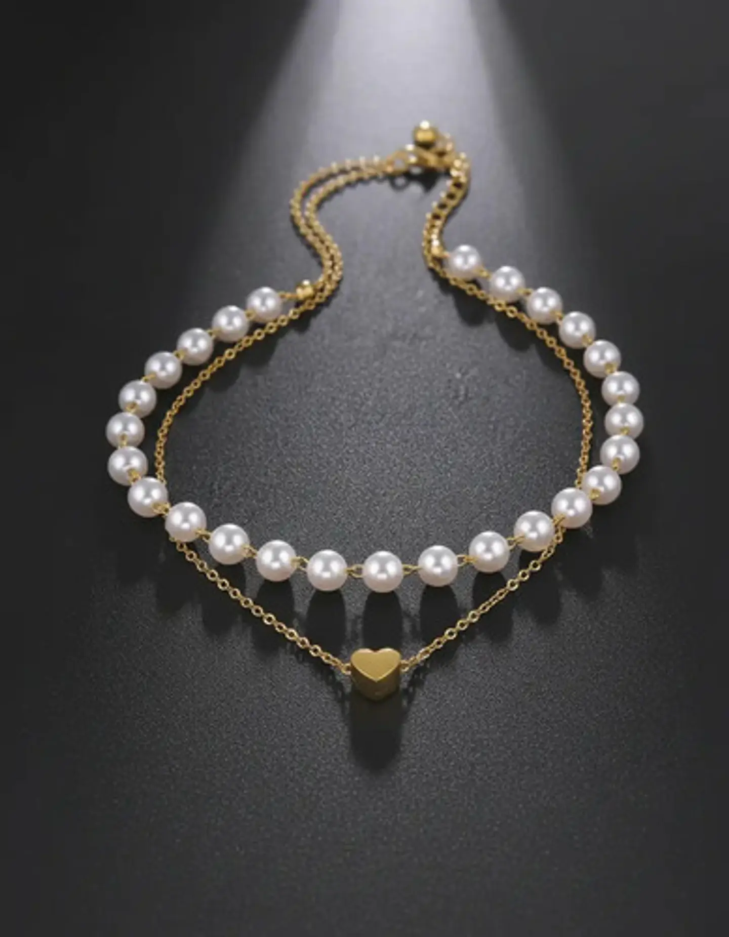 Collar Para Mujeres Dije Corazón Y Perlas Doble Cadena Acero 5