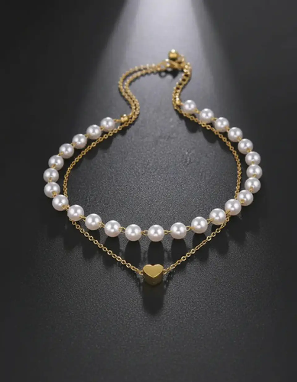 Collar Para Mujeres Dije Corazón Y Perlas Doble Cadena Acero 5
