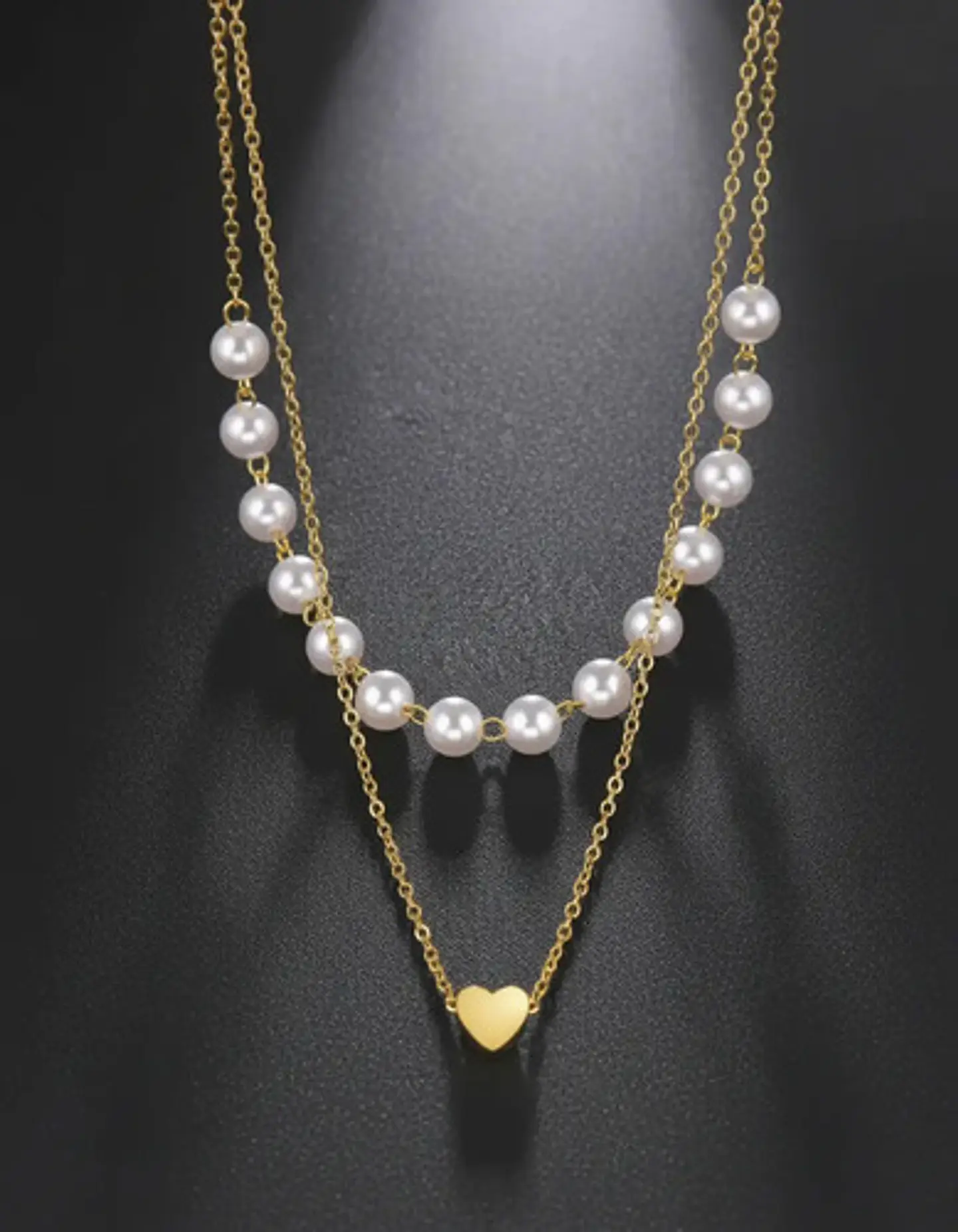 Collar Para Mujeres Dije Corazón Y Perlas Doble Cadena Acero 6