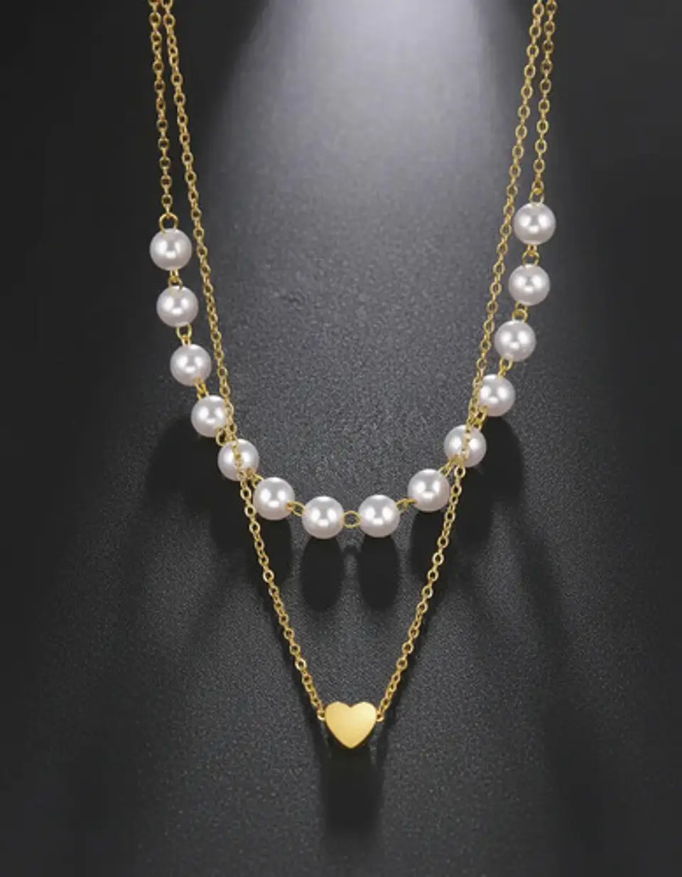 Collar Para Mujeres Dije Corazón Y Perlas Doble Cadena Acero 6