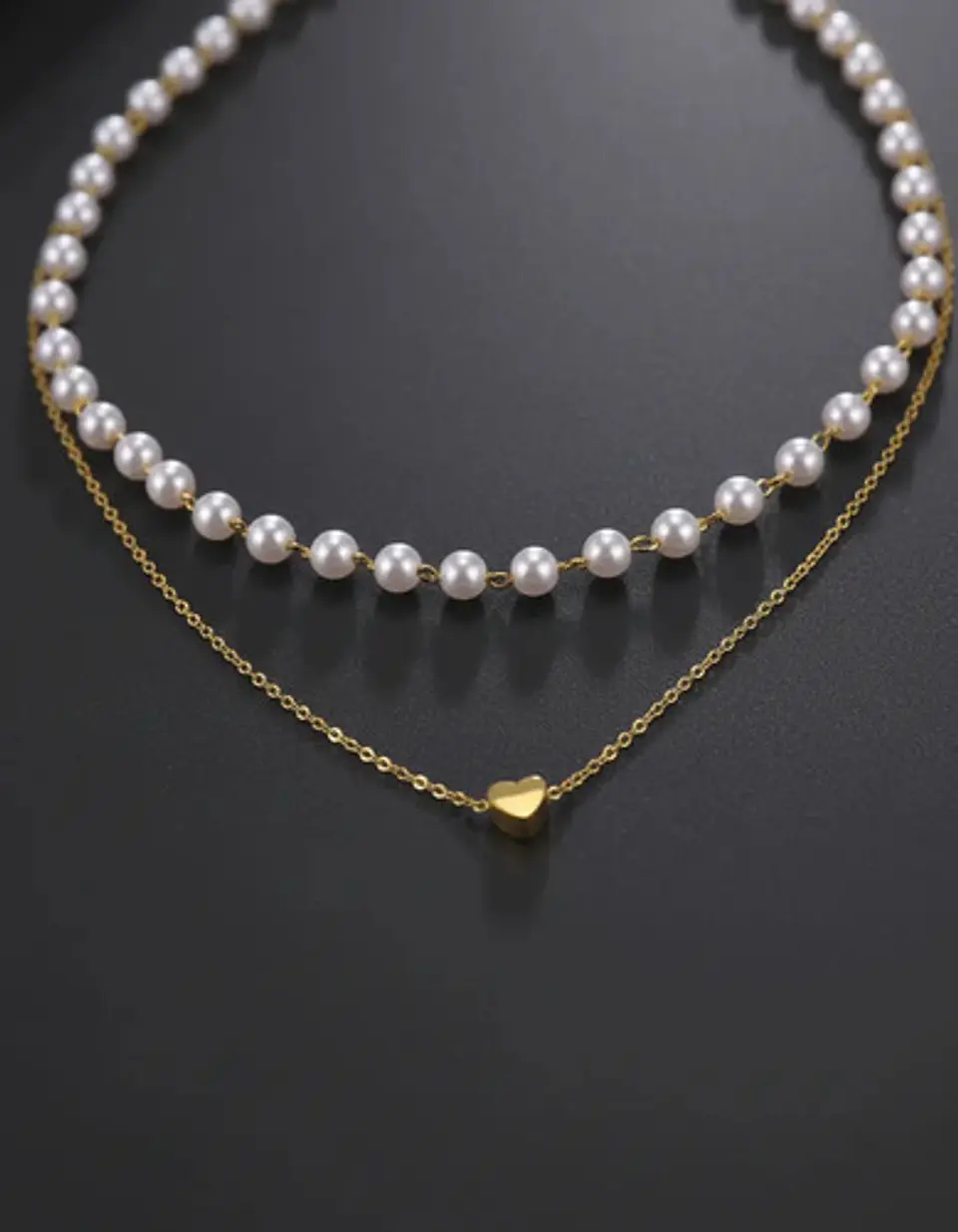 Collar Para Mujeres Dije Corazón Y Perlas Doble Cadena Acero 7