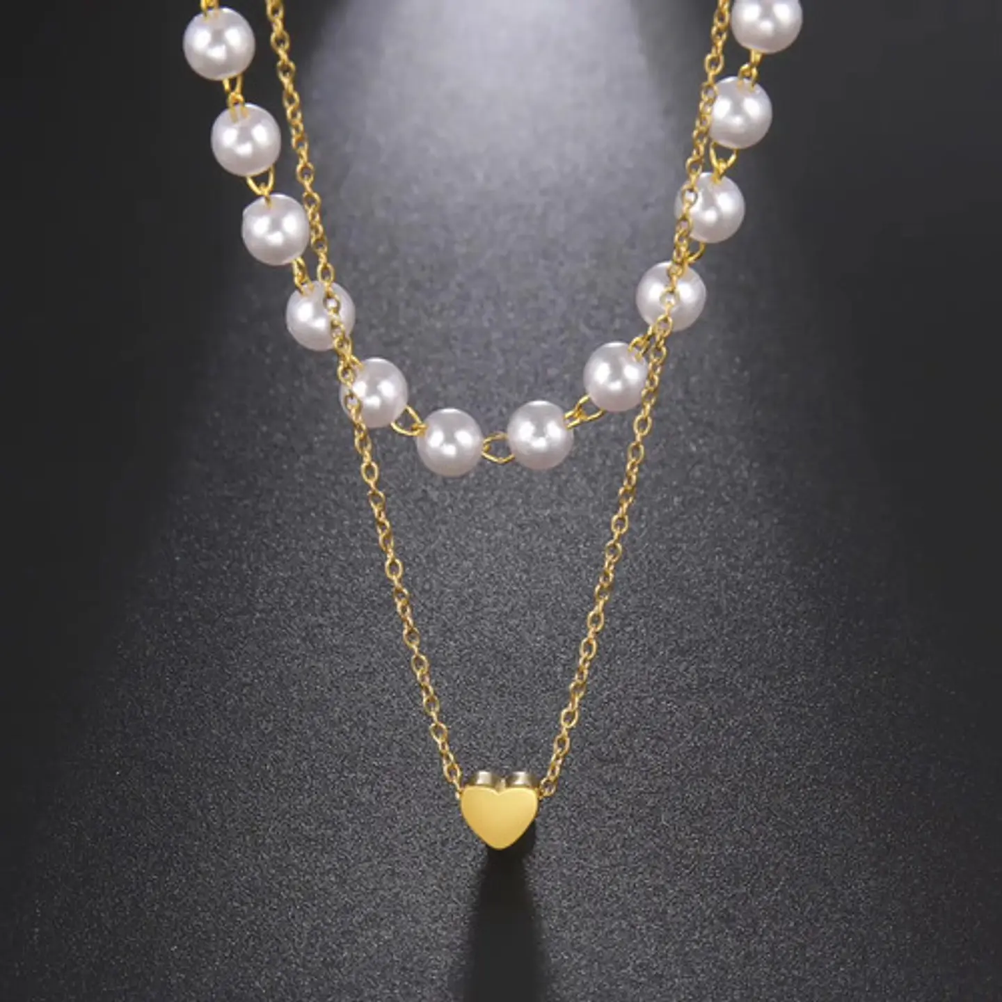 Collar Para Mujeres Dije Corazón Y Perlas Doble Cadena Acero 9
