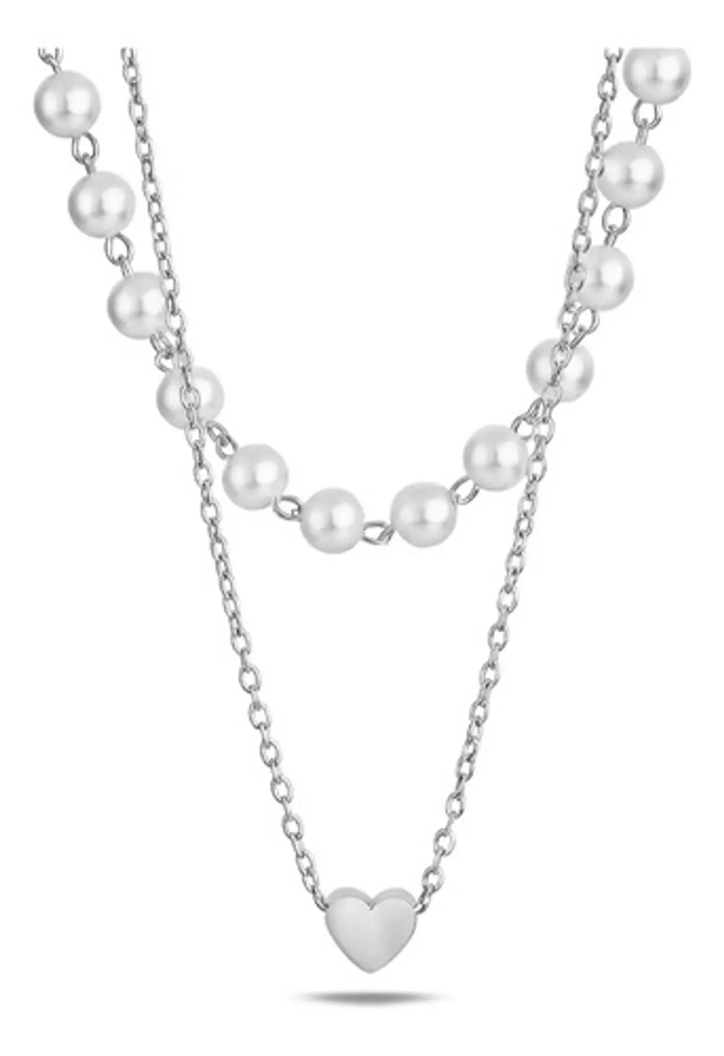 Collar Para Mujeres Dije Corazón Y Perlas Doble Cadena Acero 11