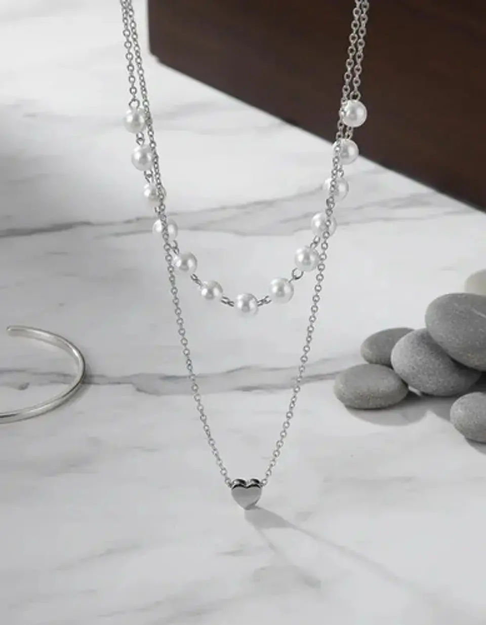 Collar Para Mujeres Dije Corazón Y Perlas Doble Cadena Acero 12