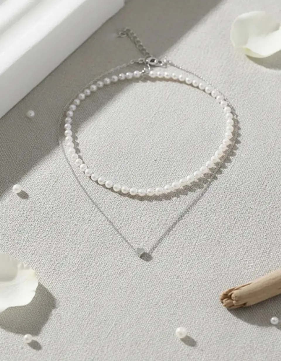 Collar Para Mujeres Dije Corazón Y Perlas Doble Cadena Acero 13