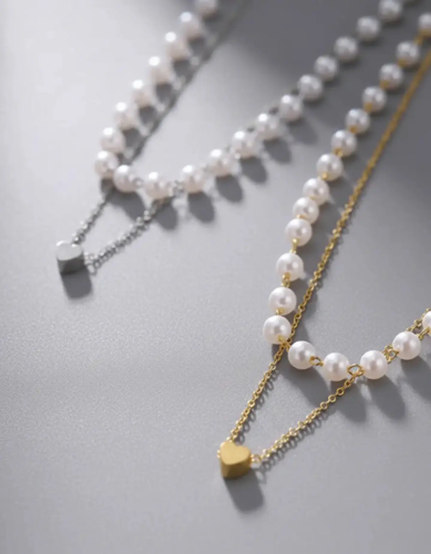 Collar Para Mujeres Dije Corazón Y Perlas Doble Cadena Acero 16