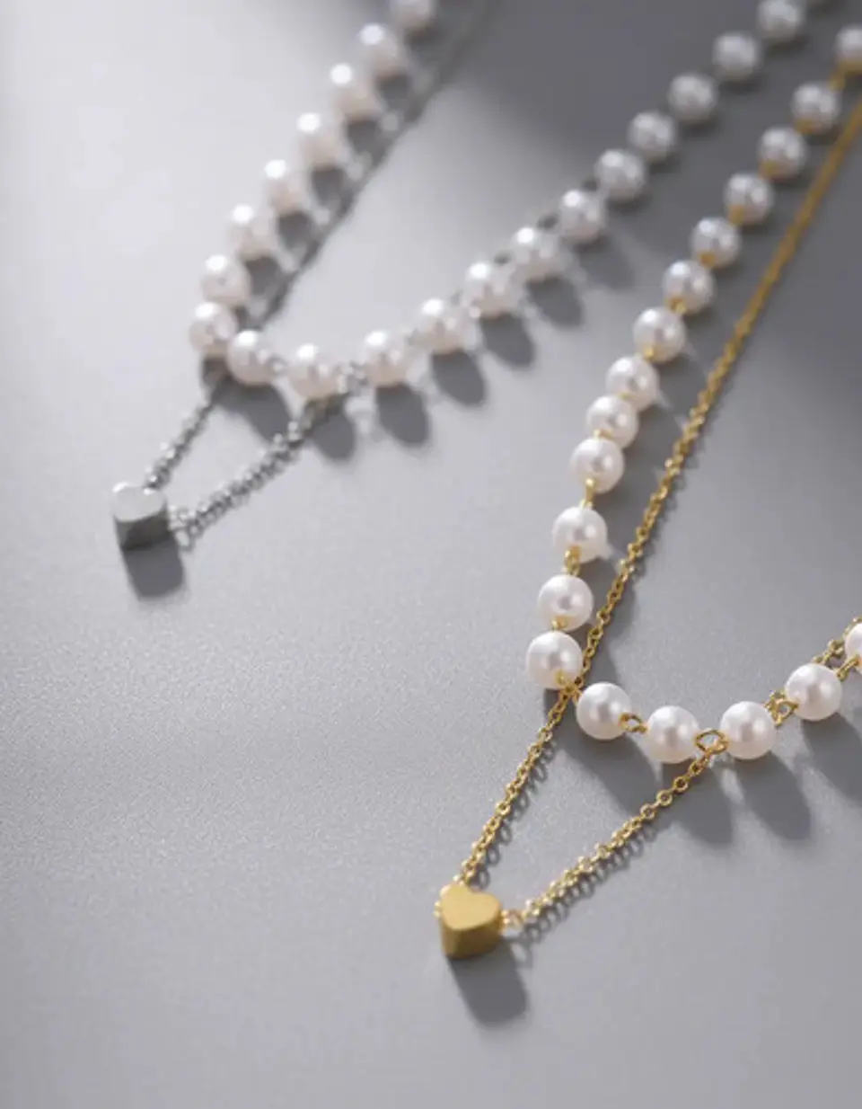 Collar Para Mujeres Dije Corazón Y Perlas Doble Cadena Acero 16