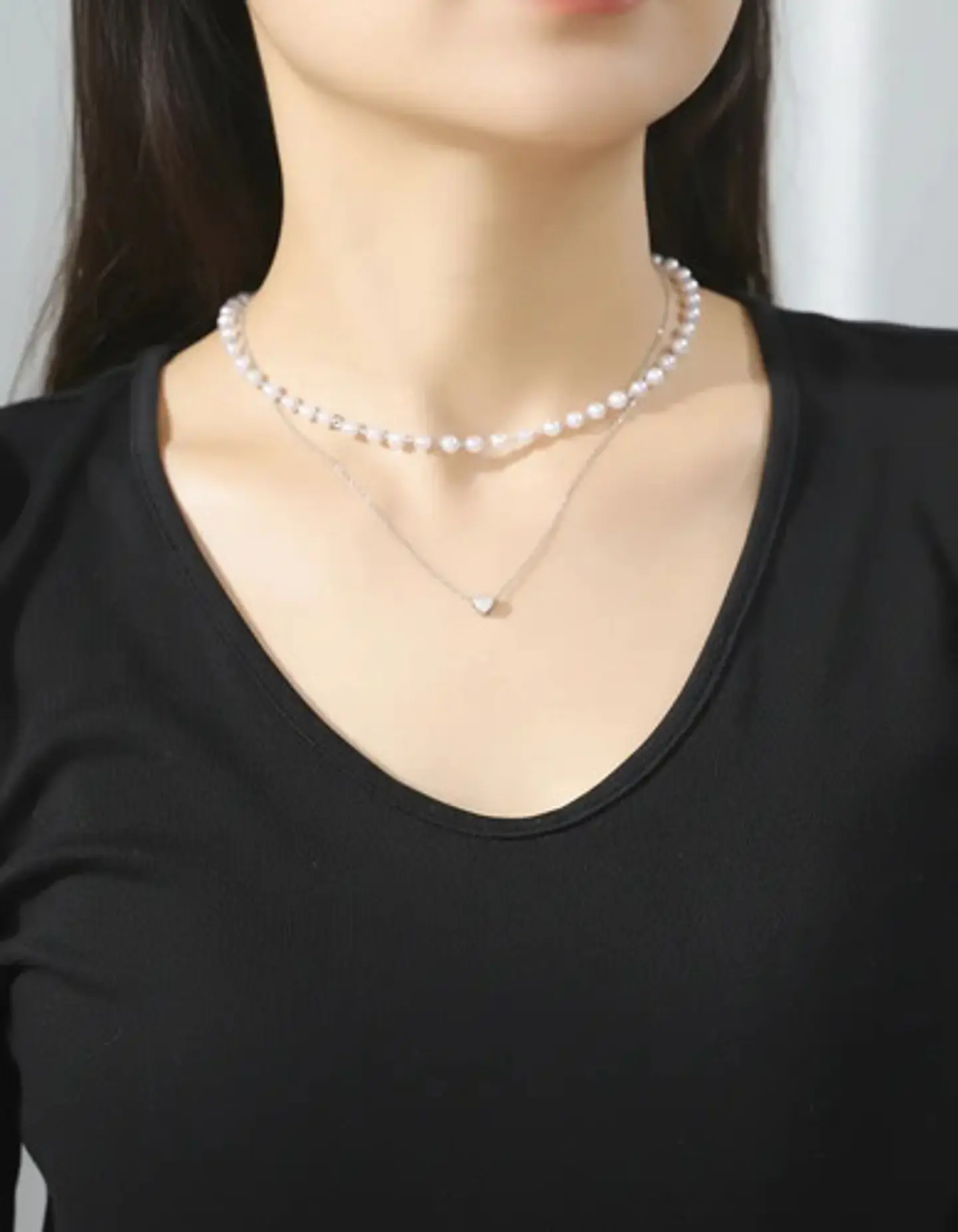 Collar Para Mujeres Dije Corazón Y Perlas Doble Cadena Acero 17