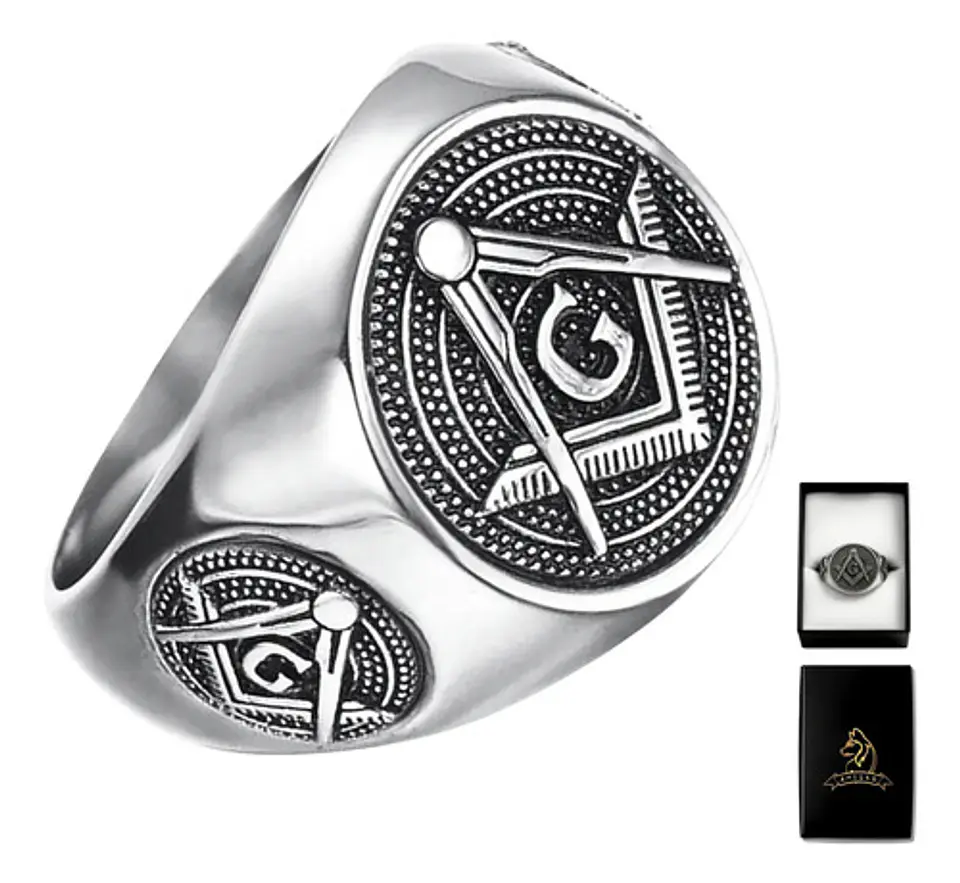 Anillo Para Hombre Simbolo Mason Escuadra Color Plata Acero 1