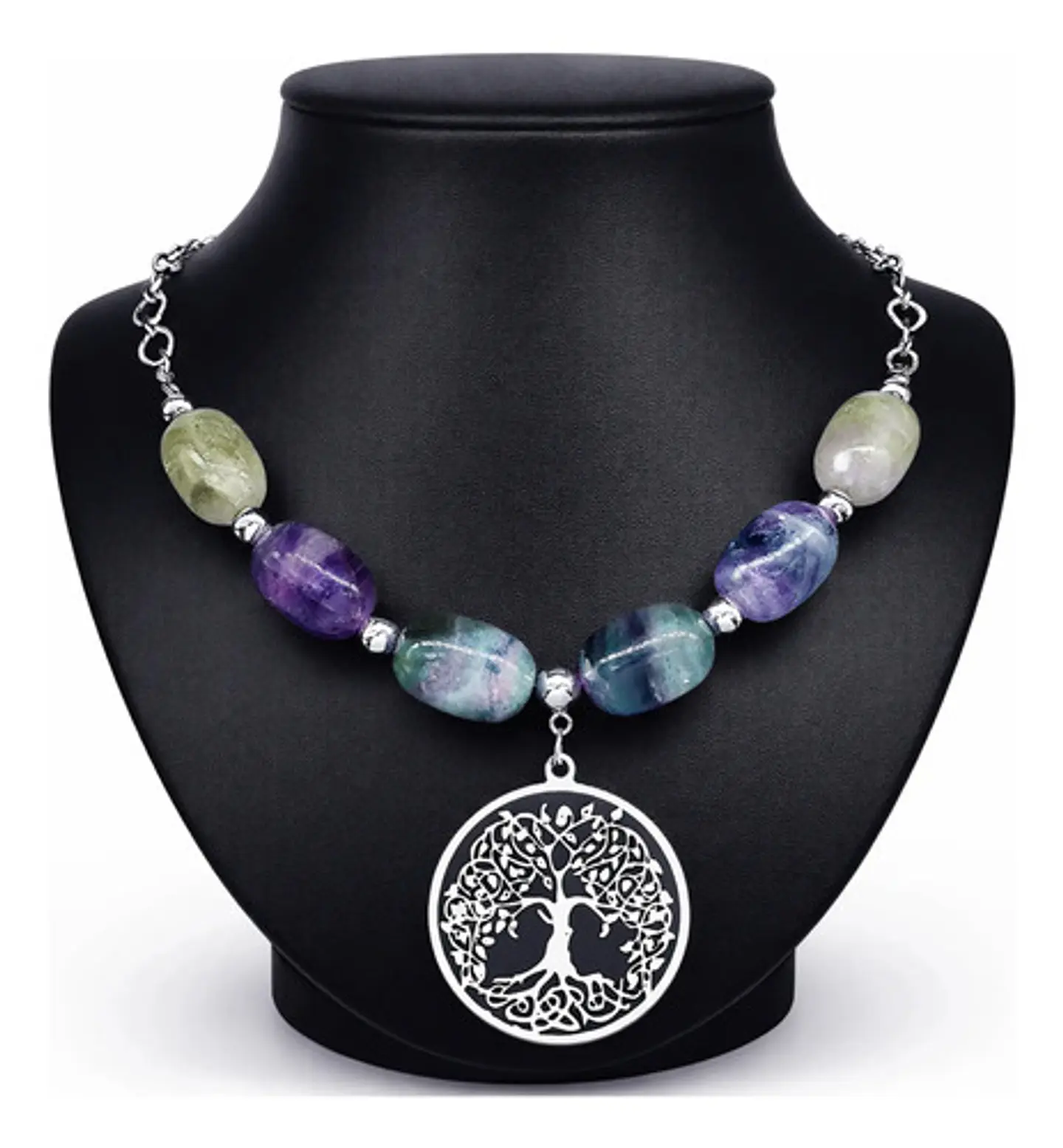 Collar Para Mujer Dije Árbol De La Vida Con Piedras Fluorita 1