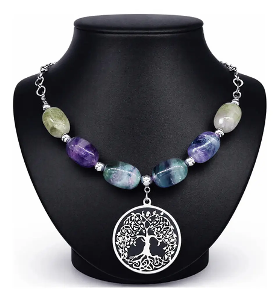 Collar Para Mujer Dije Árbol De La Vida Con Piedras Fluorita 1