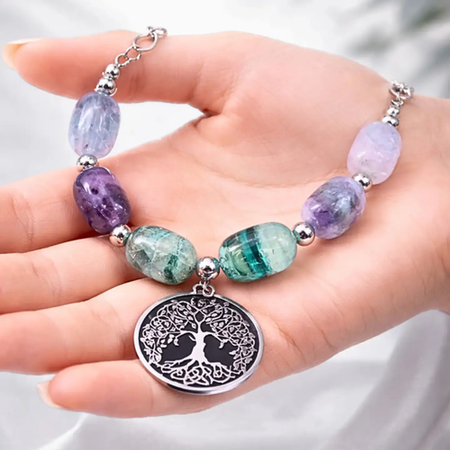 Collar Para Mujer Dije Árbol De La Vida Con Piedras Fluorita 3