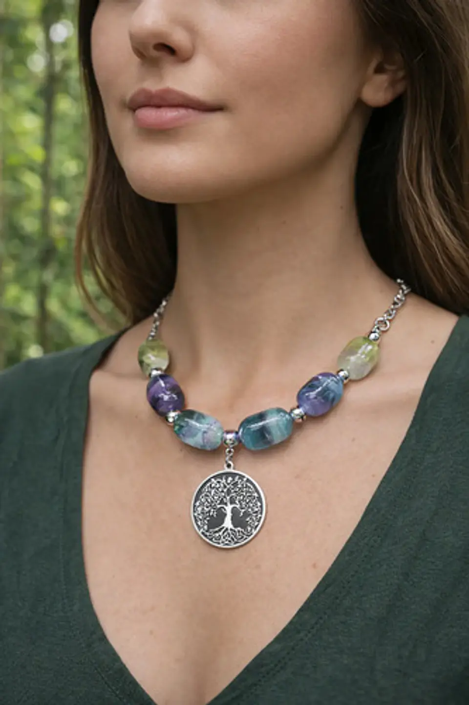 Collar Para Mujer Dije Árbol De La Vida Con Piedras Fluorita 4