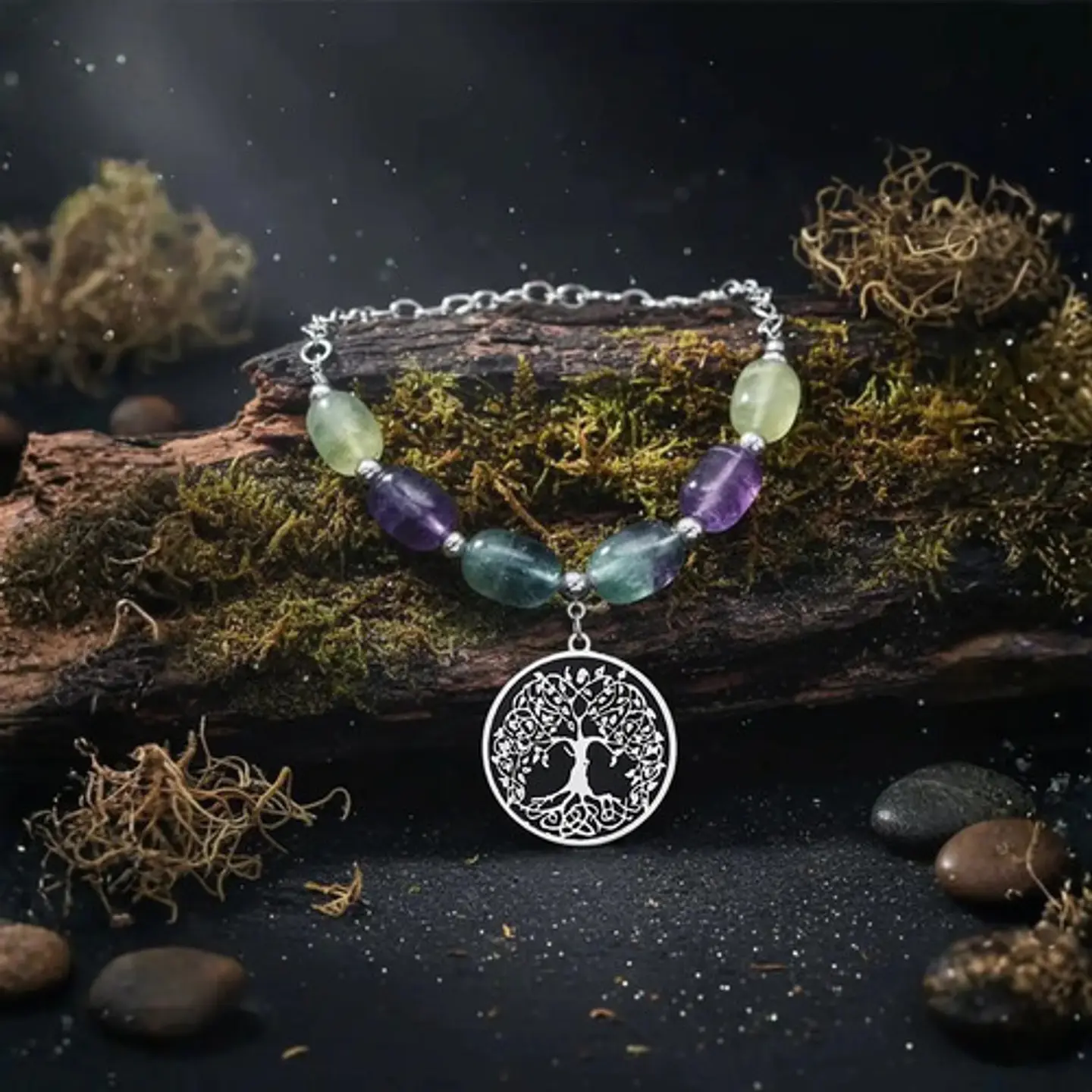 Collar Para Mujer Dije Árbol De La Vida Con Piedras Fluorita 5