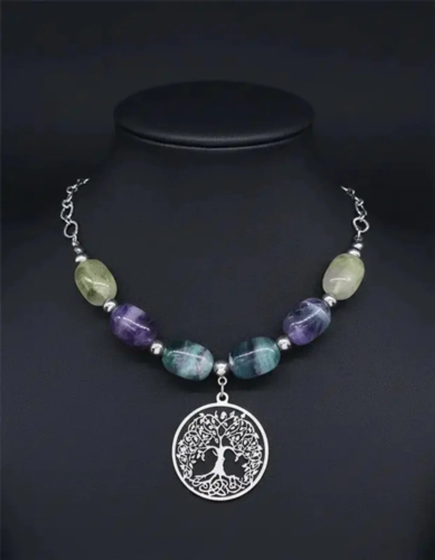 Collar Para Mujer Dije Árbol De La Vida Con Piedras Fluorita 9