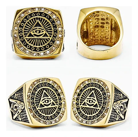 Gran Anillo Para Hombres Illuminati Novus Mason Color Oro