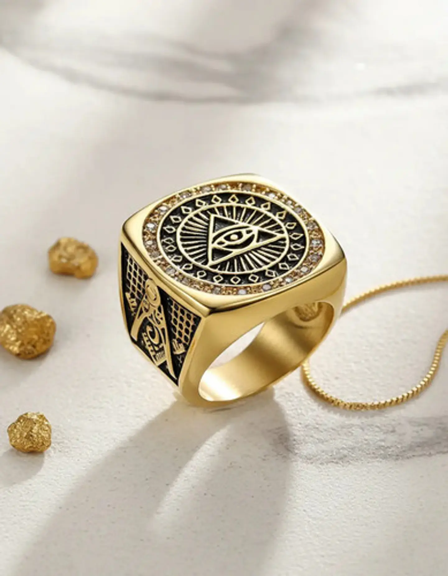 Gran Anillo Para Hombres Illuminati Novus Mason Color Oro 5
