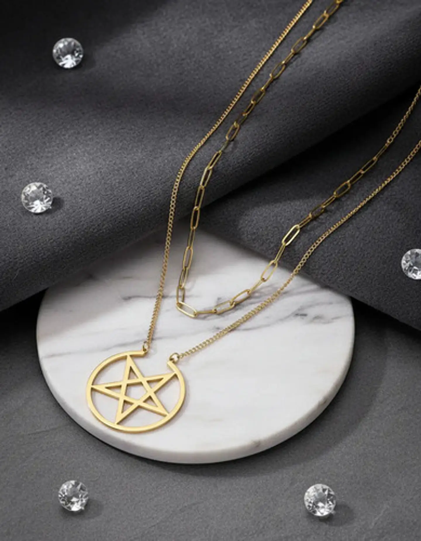 Collar Doble Cadena Para Mujer Con Dije Pentagrama De Acero 2