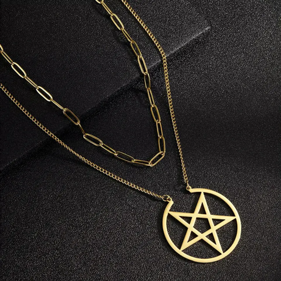Collar Doble Cadena Para Mujer Con Dije Pentagrama De Acero 3