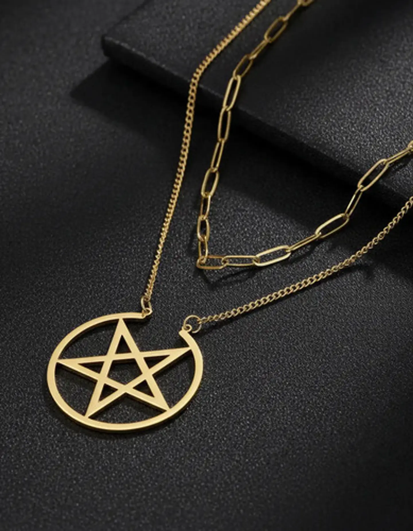 Collar Doble Cadena Para Mujer Con Dije Pentagrama De Acero 4
