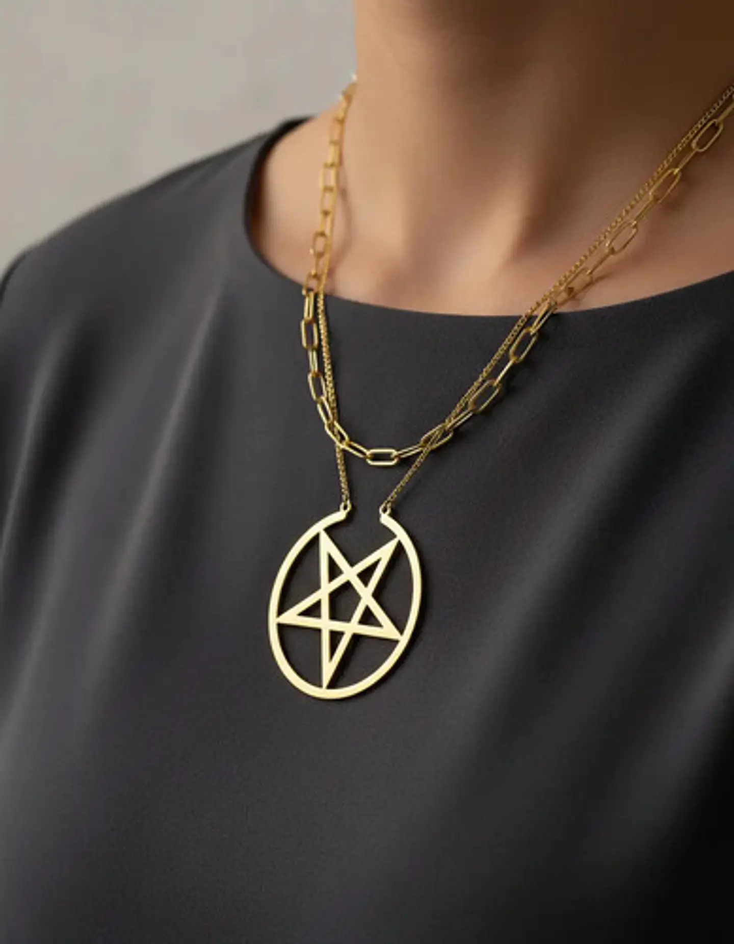 Collar Doble Cadena Para Mujer Con Dije Pentagrama De Acero 5