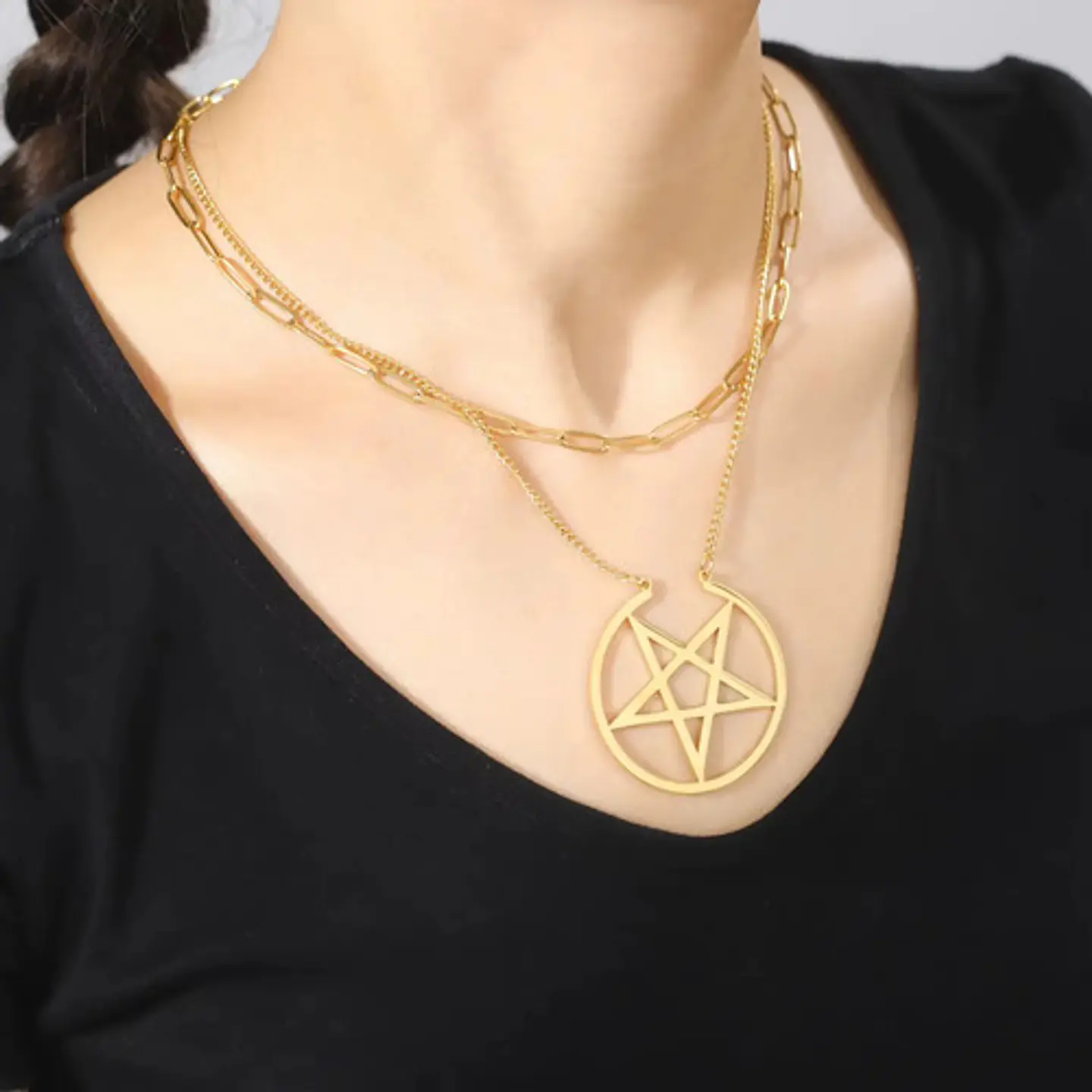 Collar Doble Cadena Para Mujer Con Dije Pentagrama De Acero 6