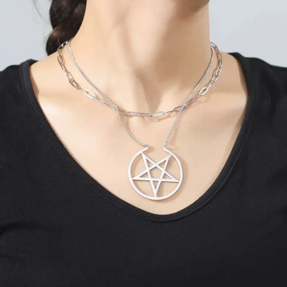 Collar Doble Cadena Para Mujer Con Dije Pentagrama De Acero 13