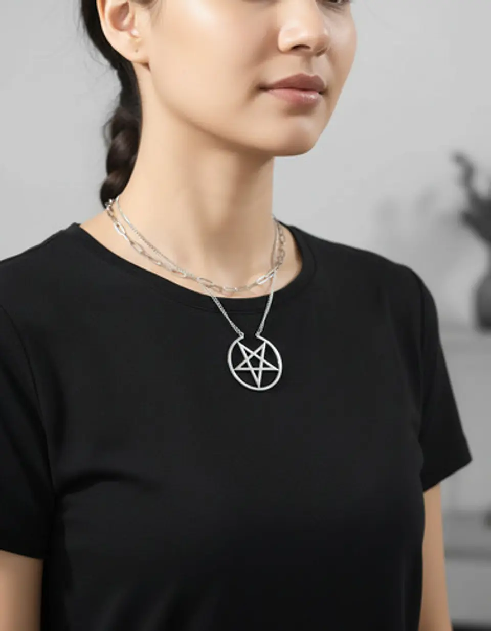 Collar Doble Cadena Para Mujer Con Dije Pentagrama De Acero 14