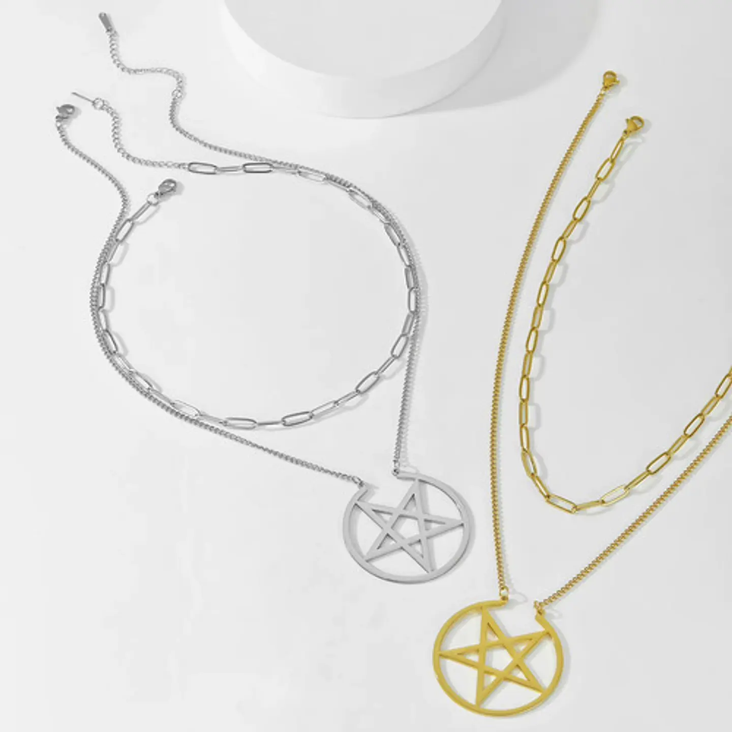 Collar Doble Cadena Para Mujer Con Dije Pentagrama De Acero 16