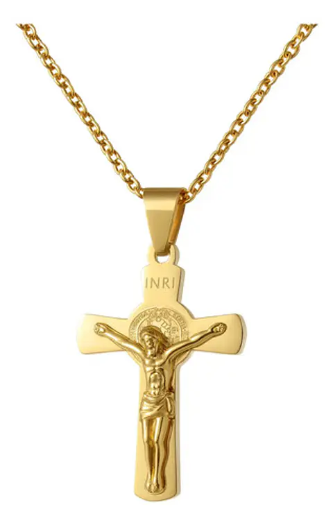 Collar Para Hombres Y Mujeres Dije Cruz Jesús Inri Color Oro