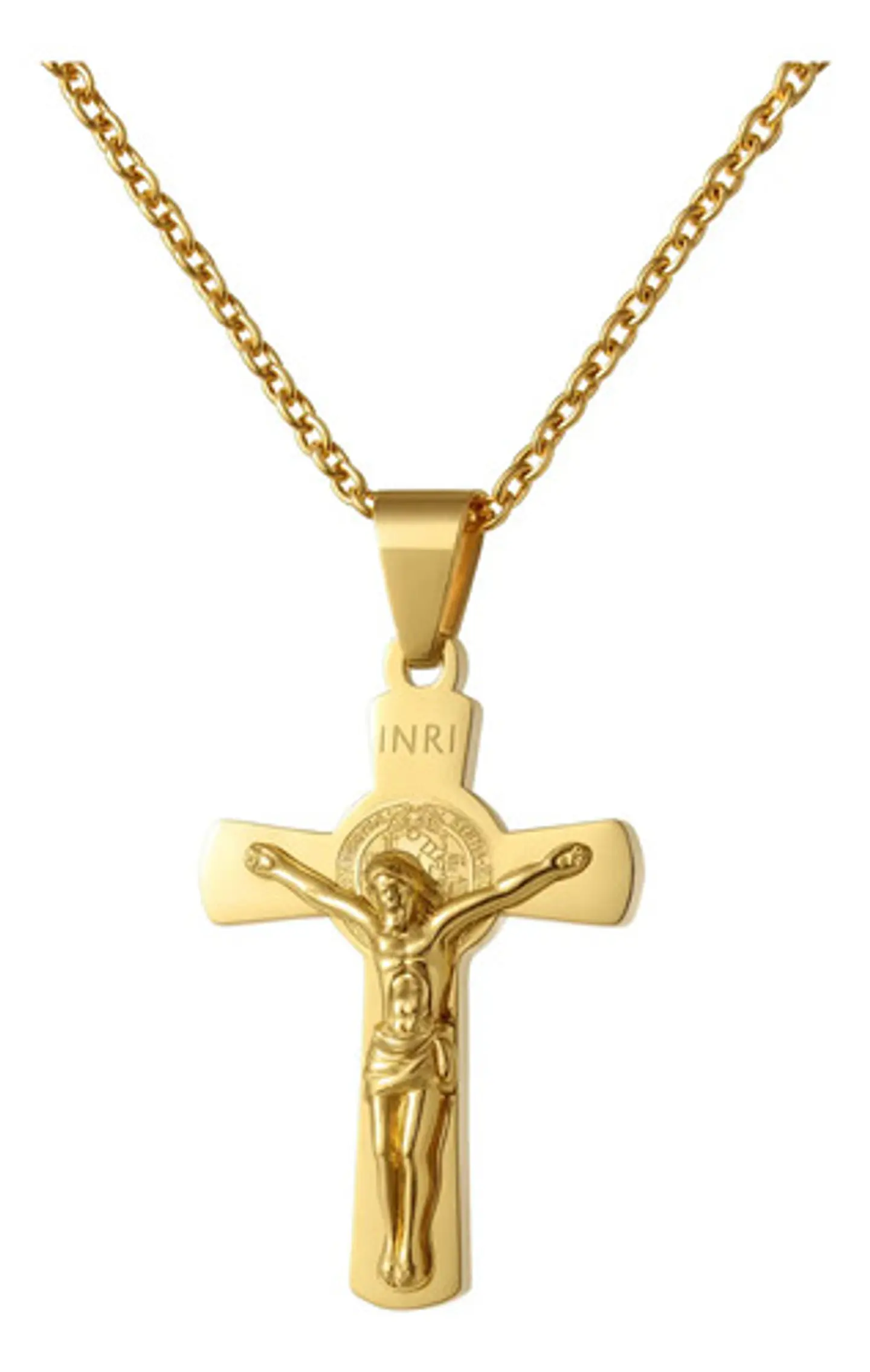 Collar Para Hombres Y Mujeres Dije Cruz Jesús Inri Color Oro 1