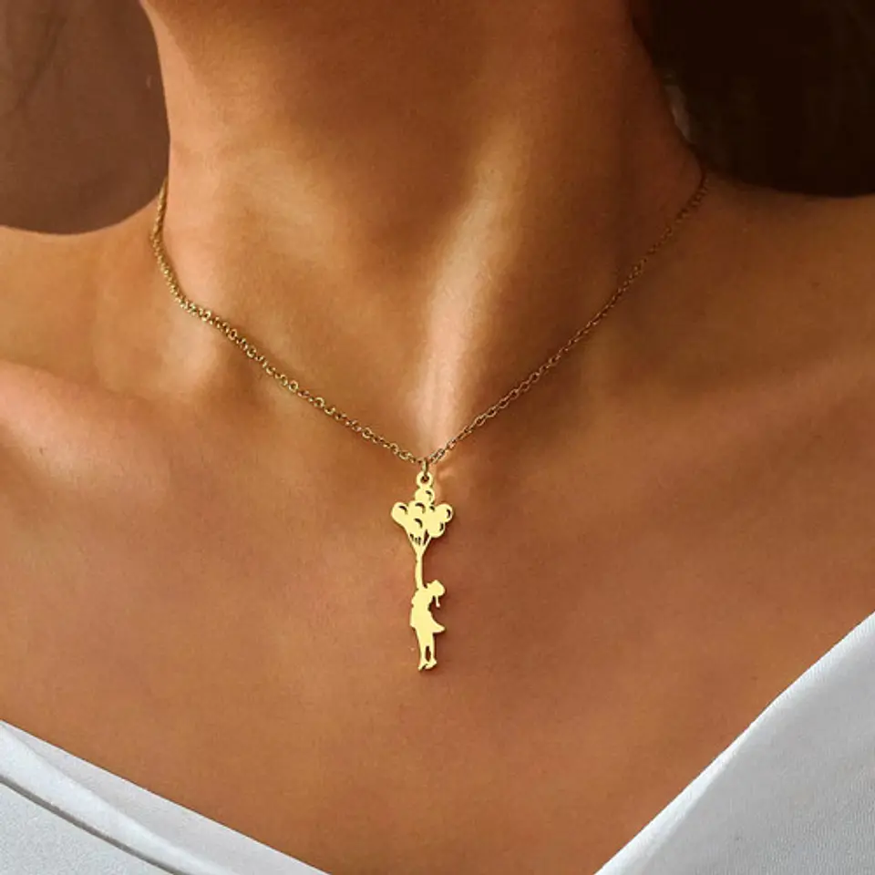 Collar Delicado En Acero Para Mujeres Dije Niña Con Globos 4