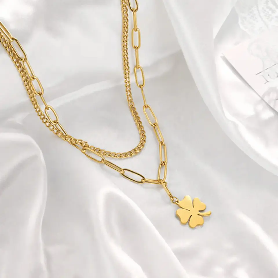 Collar Doble Gargantilla Para Mujer Dije Trébol De La Suerte 2