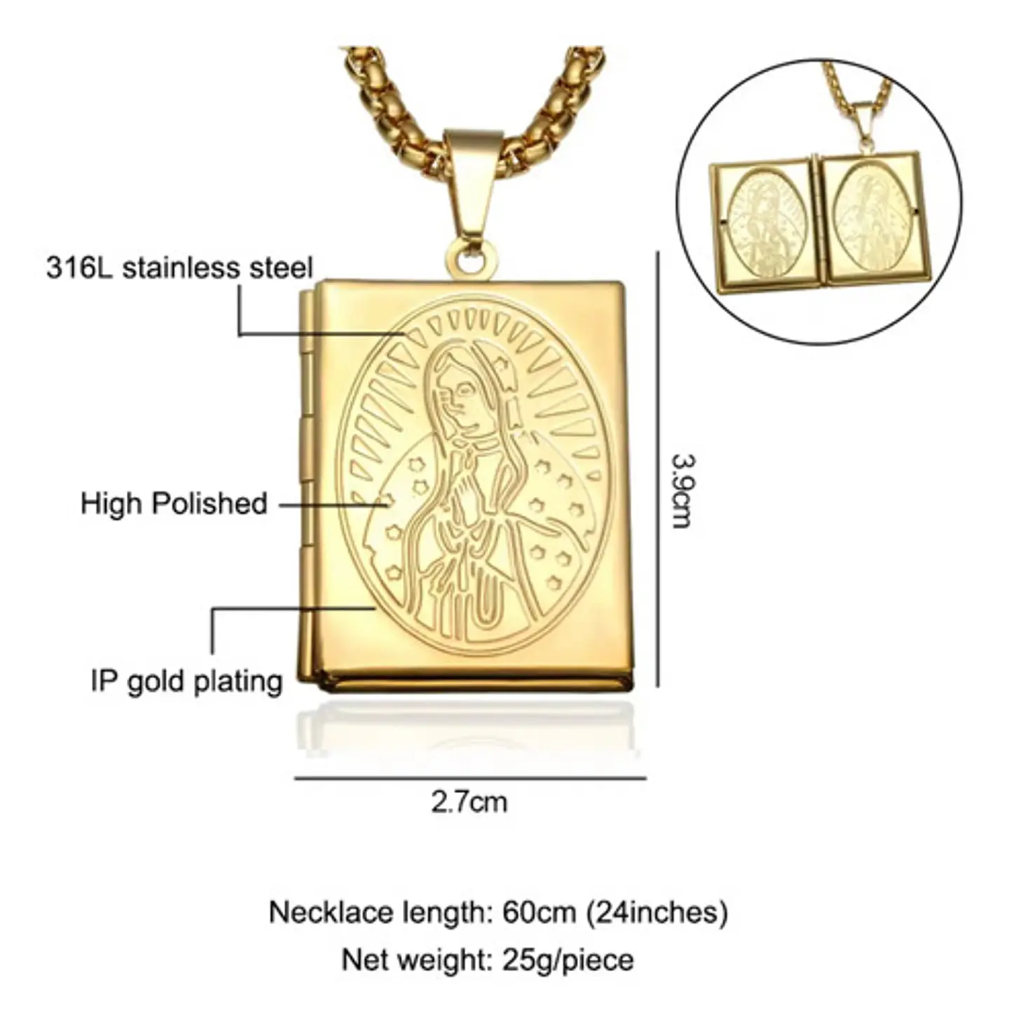 Collar Para Hombre Y Mujer Dije Relicario De La Virgen María 2