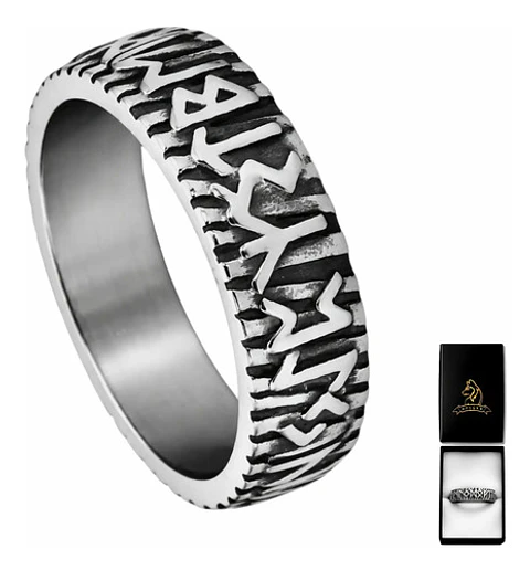 Anillo Vikingo Para Hombre Argolla De Acero Runas Futhark