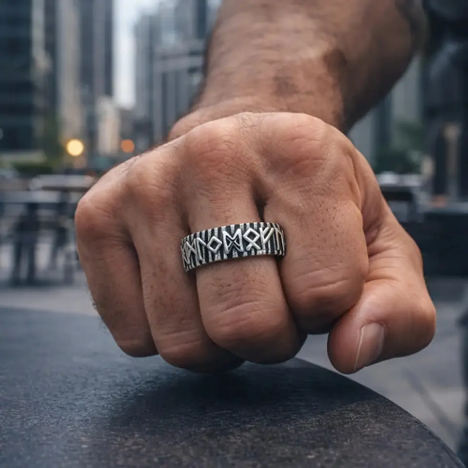 Anillo Vikingo Para Hombre Argolla De Acero Runas Futhark 3