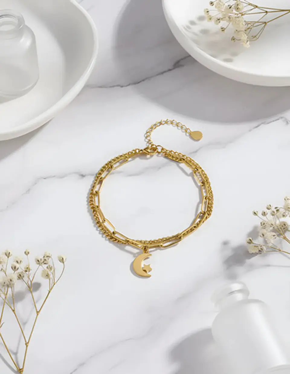 Pulsera De Acero Para Mujer Dije Luna Estrella Doble Cadena 3