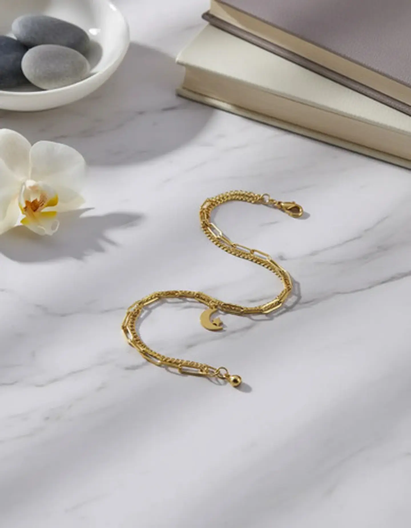 Pulsera De Acero Para Mujer Dije Luna Estrella Doble Cadena 4