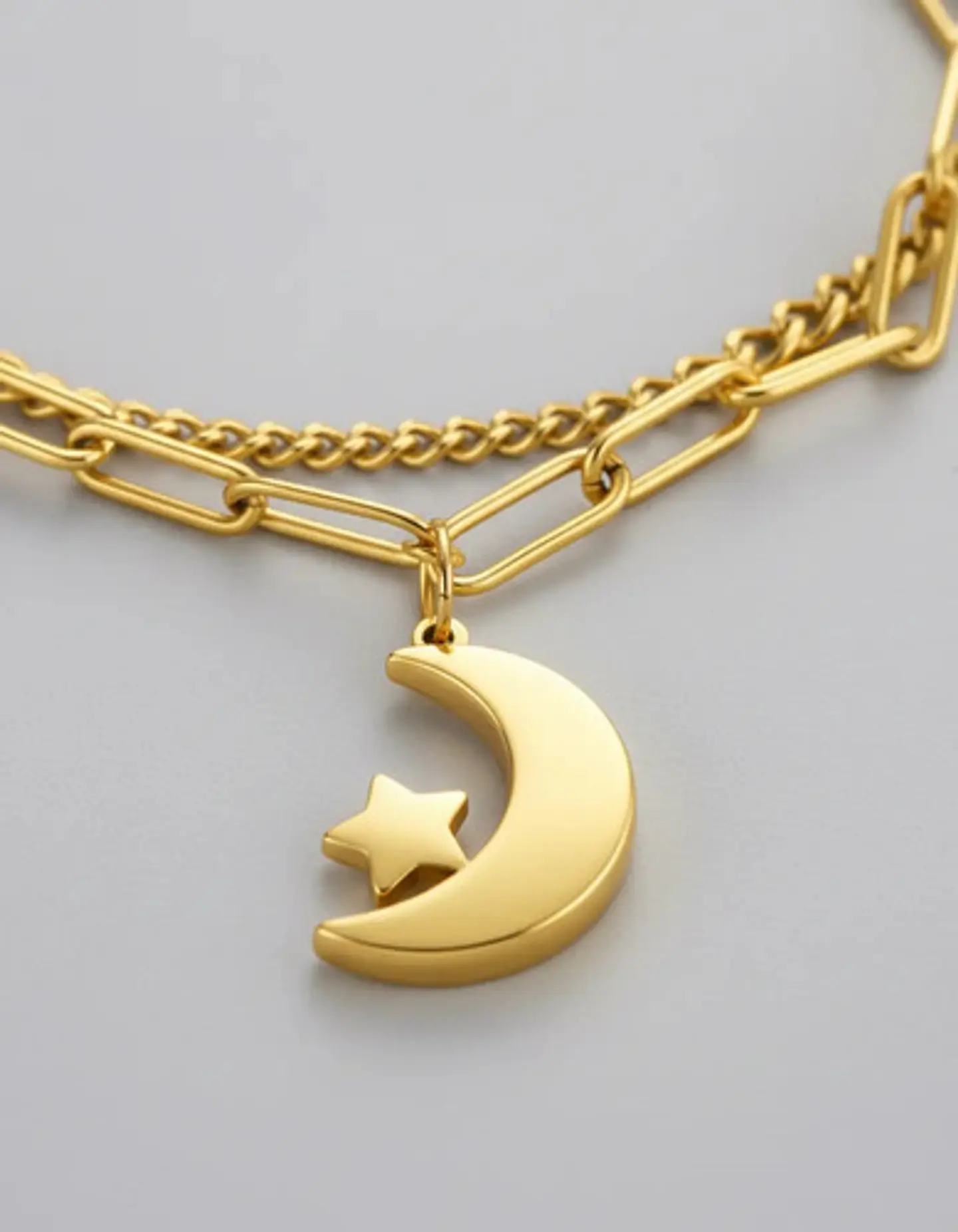 Pulsera De Acero Para Mujer Dije Luna Estrella Doble Cadena 5