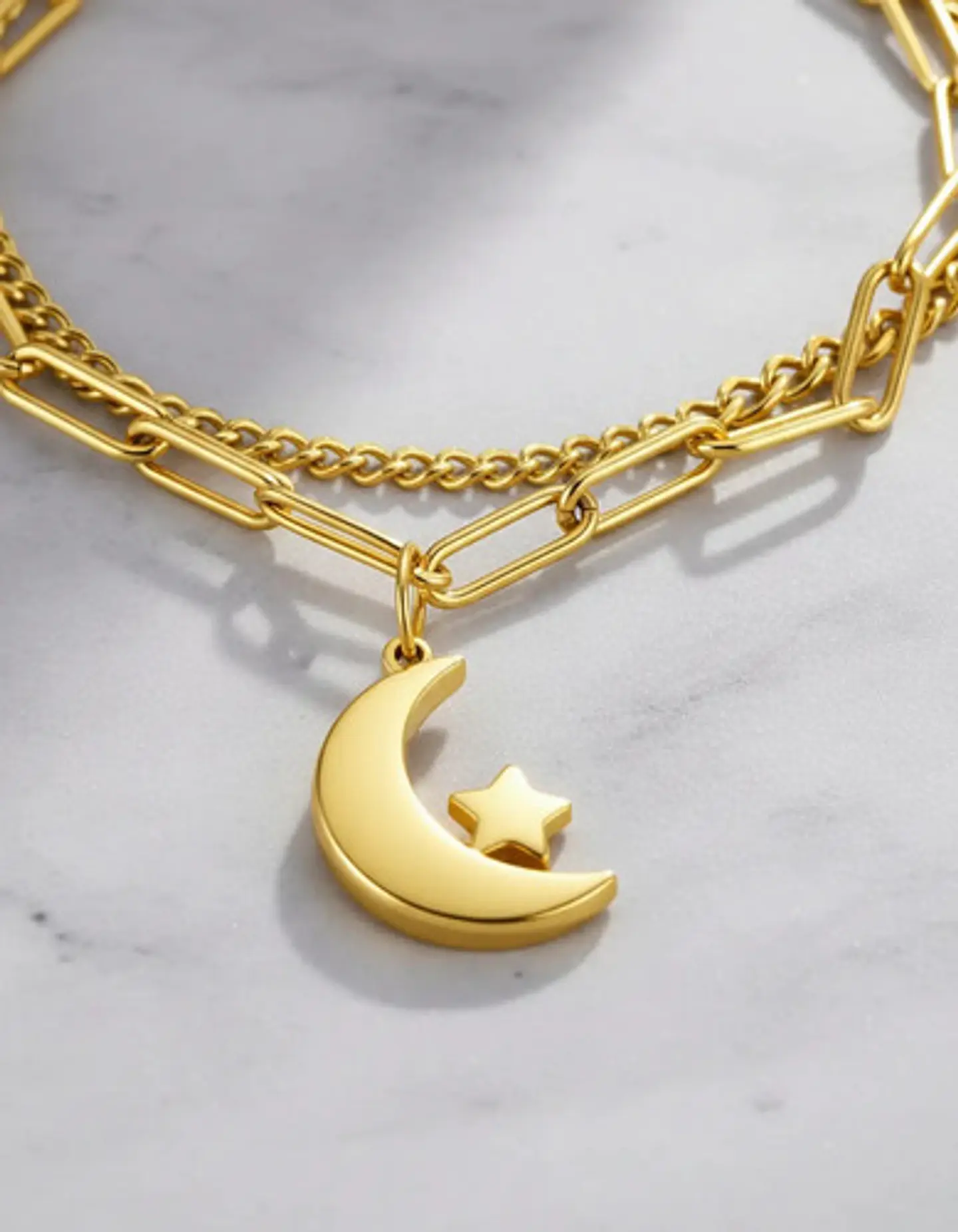 Pulsera De Acero Para Mujer Dije Luna Estrella Doble Cadena 6