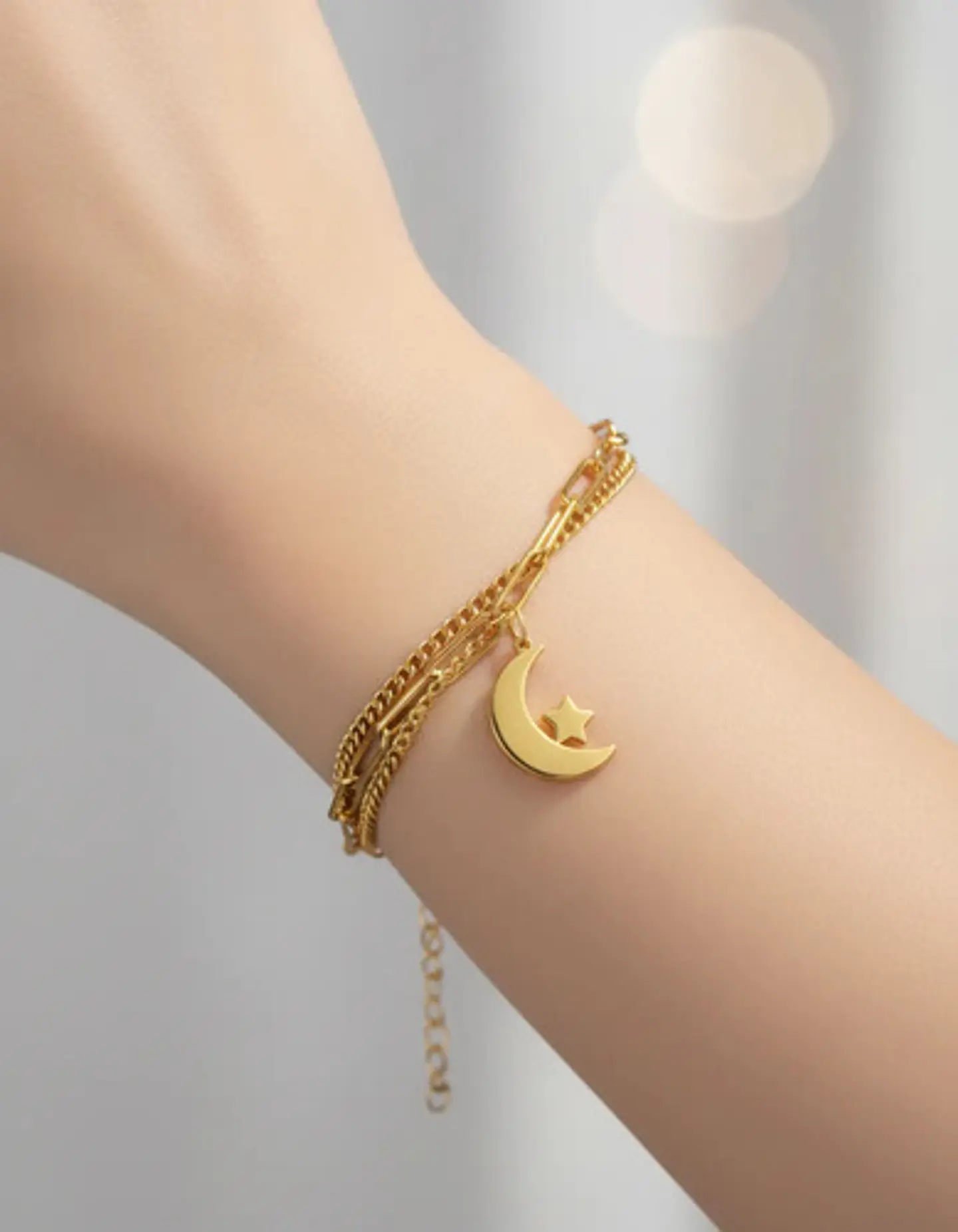 Pulsera De Acero Para Mujer Dije Luna Estrella Doble Cadena 8