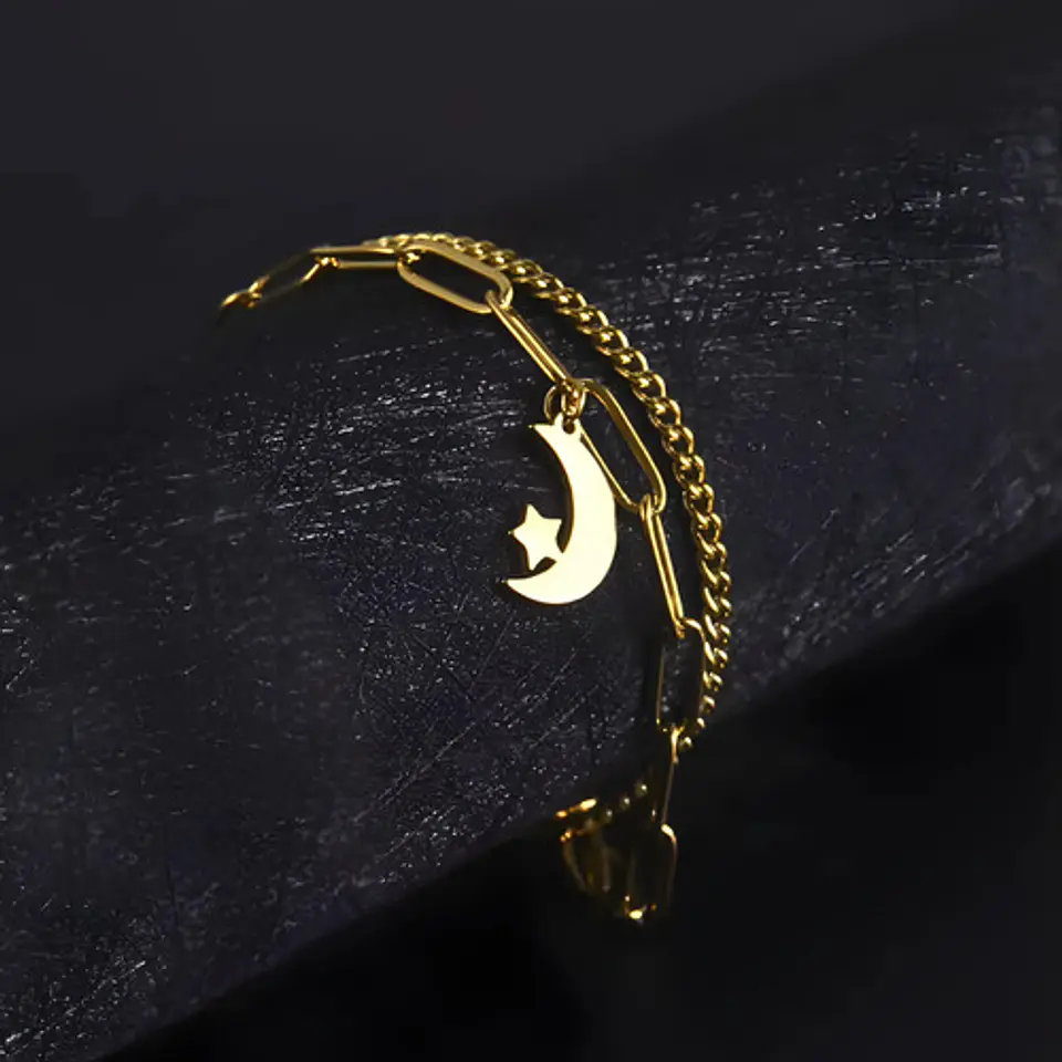 Pulsera De Acero Para Mujer Dije Luna Estrella Doble Cadena 9