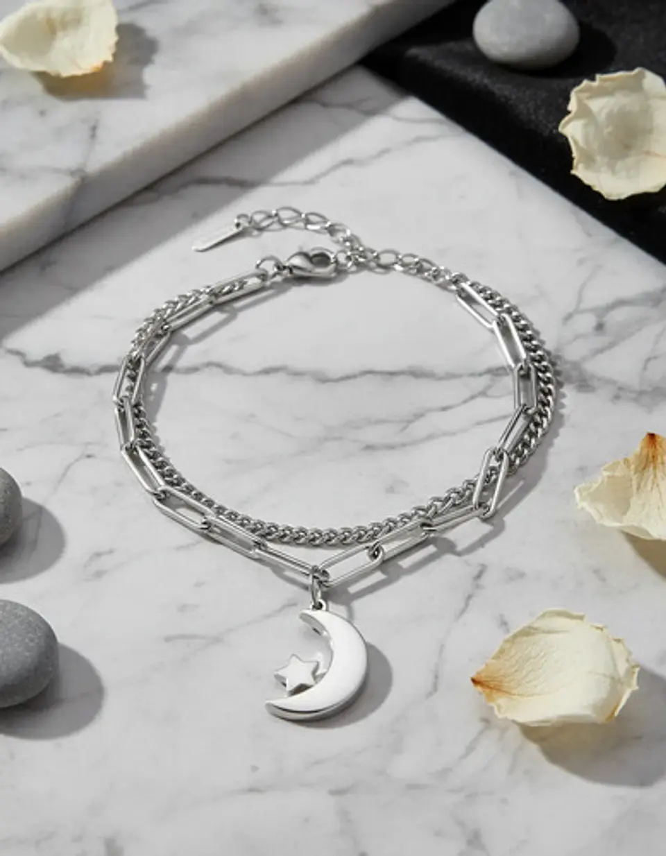 Pulsera De Acero Para Mujer Dije Luna Estrella Doble Cadena 11