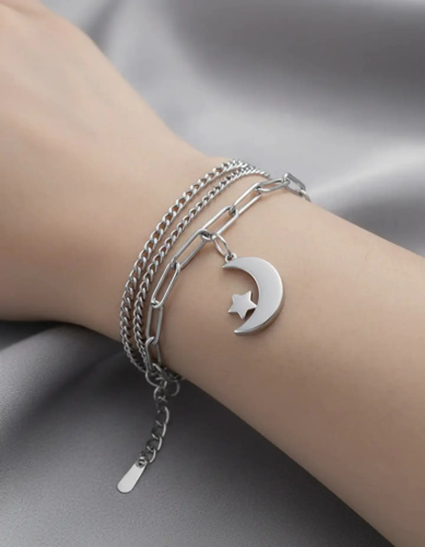 Pulsera De Acero Para Mujer Dije Luna Estrella Doble Cadena 12