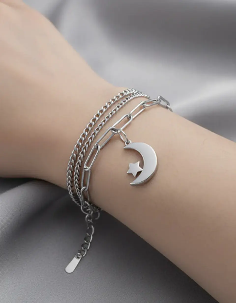 Pulsera De Acero Para Mujer Dije Luna Estrella Doble Cadena 12