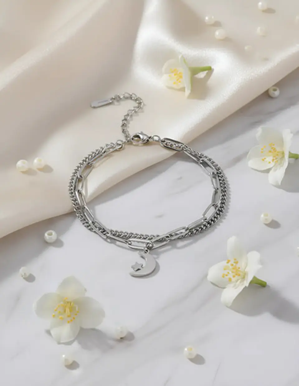 Pulsera De Acero Para Mujer Dije Luna Estrella Doble Cadena 14