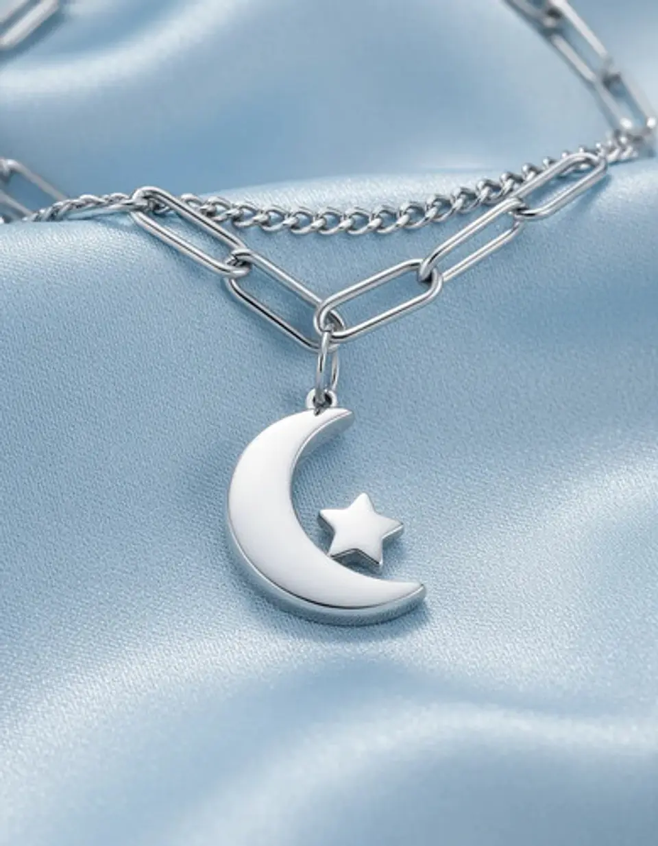 Pulsera De Acero Para Mujer Dije Luna Estrella Doble Cadena 15